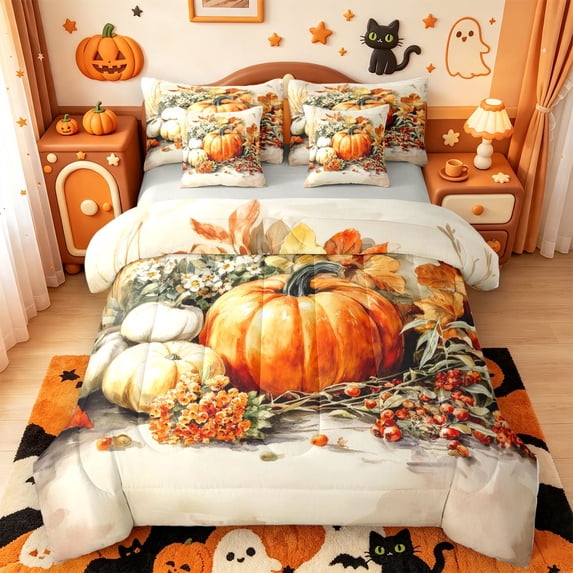 Manfei Thanksgiving Print 7-Piece King Bedding,Minimalist Skull King Bed in a Bag,Light Gray Reversible