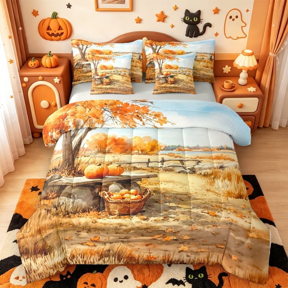 Manfei Thanksgiving Print 7-Piece King Bedding,Pastel Bat Pattern King Bed in a Bag,Light Gray Reversible