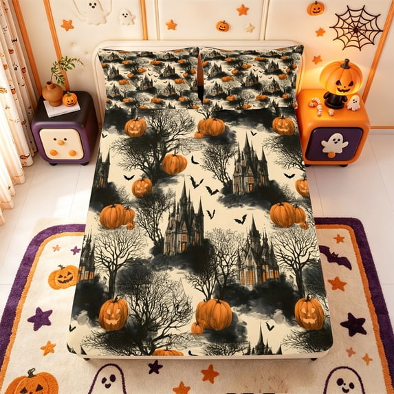 Manfei Thanksgiving Print Fitted Sheet Full,Ghost And Pumpkin Halloween Bed Set,3pcs,1 Fitted Sheet and 2 Pillowcases
