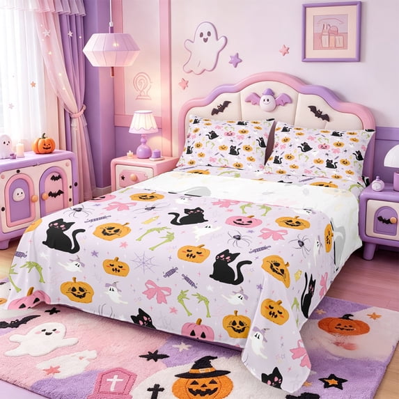 Manfei Thanksgiving Print Queen Sheets,Fall Harvest Pattern Halloween Queen Sheet Sets,4pcs,1 Flat Sheet,1 Fitted Sheet and 2 Pillowcases