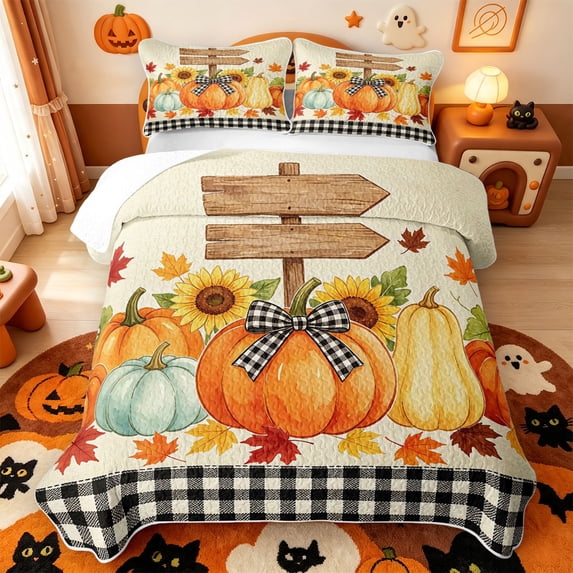 Manfei Thanksgiving Print Quilt King,Pumpkin With Bat Spider Web King Coverlet Set,3 Pieces,1 Bedspread and 2 Pillowcases