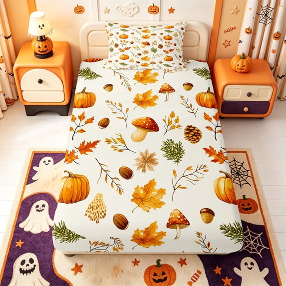 Manfei Thanksgiving Print Twin Fitted Sheet,Cute Ghost Pattern Bedding,2-Piece,1 Fitted Sheet and 1 Pillowcase