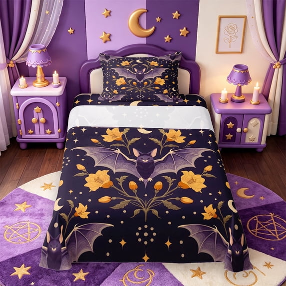 Manfei Thanksgiving Print Twin Sheets,Halloween Bat Pattern Bedding,3 Pieces,1 Flat Sheet,1 Fitted Sheet and 1 Pillowcase