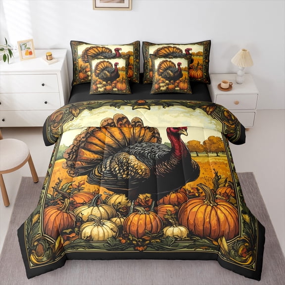 Manfei Thanksgiving Turkey 7 Pieces Bedding Comforter Set,Autumn Fall Pumpkin Full Bedding Set,Country Farmhouse Cabin Fitted Sheet Flat Sheet For Child,Luxury Bedroom Decor Reversible