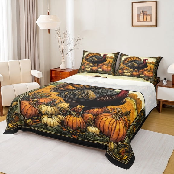 Manfei Thanksgiving Turkey Queen Sheet Sets,Autumn Fall Pumpkin Flat Sheet,Country Farmhouse Cabin Queen Fitted Sheet For Child,Luxury Bedroom Decor,4-Piece