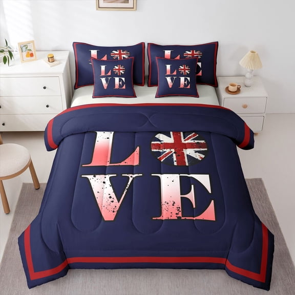 Manfei The Union Flag 7-Piece Twin Bedding,Love Print Bedding Comforter Set,Navy Blue Red,Light Gray Reversible
