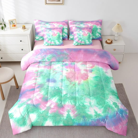 Manfei Tie Dye 7-Piece Bedding Comforter Set,Modern Aesthetic Art King Bedding Sets,Pink Green White Bed Sheets For Girls,Luxury Bedroom Decor Reversible