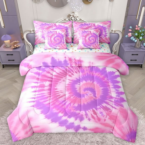 Manfei Tie Dye Bedding Comforter Set 7-Piece for Teens Boys Girls,Abstract Watercolor Art King Bedding Sets,Purple Pink Ultra Soft Bed Sheets,Luxury Bedroom Decor,Reversible