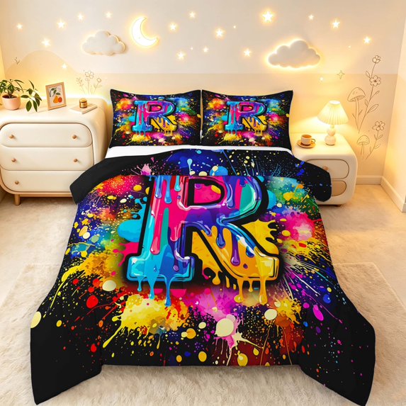 Manfei Tie Dye Monogram R Full Size Comforter Sets,Graffiti Print Bedding Comforter Set,Black,Black Reversible,3-Piece,1 Comforter and 2 Pillowcases