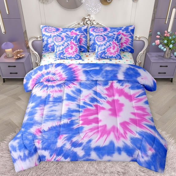 Manfei Tie Dye Twin Bedding Sets 7-Piece for Teens Boys Girls,Abstract Watercolor Art Bedding Comforter Set Microfiber,Blue Pink Breathable Sheet Sets,Luxury Bedroom Decor,Reversible