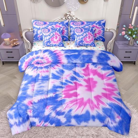 Manfei Tie Dye Twin Bedding Sets 7-Piece for Teens Boys Girls,Abstract Watercolor Art Bedding Comforter Set Microfiber,Blue Pink Breathable Sheet Sets,Luxury Bedroom Decor,Reversible