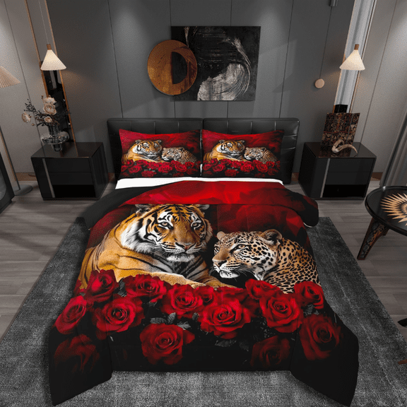Manfei Tiger Animal 3pcs King Size Comforter Sets,Red Rose Bedding Comforter Set,Floral Wildlife Super Cozy Bedding Set,Luxury Teens Bedroom Decor,Reversible