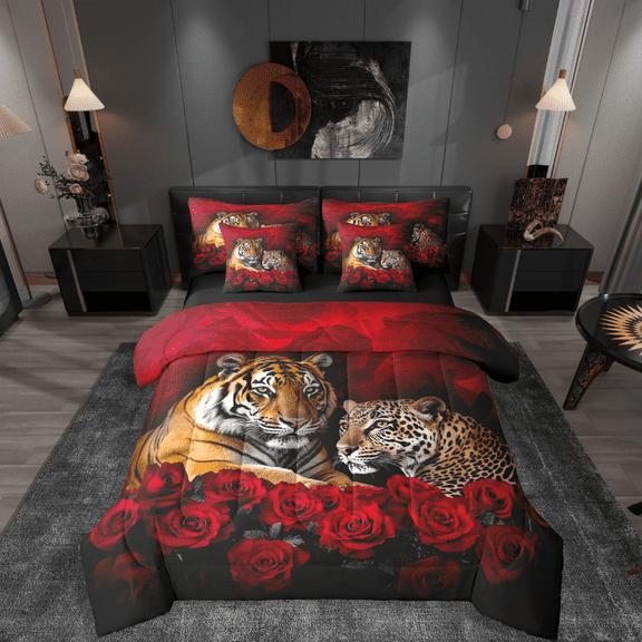 Manfei Tiger Animal 7-Piece Bedding Comforter Set,Red Rose King Bedding Sets,Floral Wildlife Ultra Soft Bed Sheets,Luxury Teens Bedroom Decor,Reversible