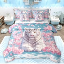 Manfei Tiger Animal Boy Girl Twin Bedding Sets 7-Piece,Floral Cherry Blossom Bedding Comforter Set Microfiber,Jungle Wildlife Breathable Sheet Sets,Super Cozy Room Decor,Reversible