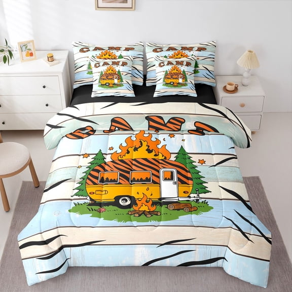 Manfei Tiger Print Camper 7-Piece Twin Bedding,Rustic Farmhouse Cabin Bedding Comforter Set,Orange Blue,Black Reversible