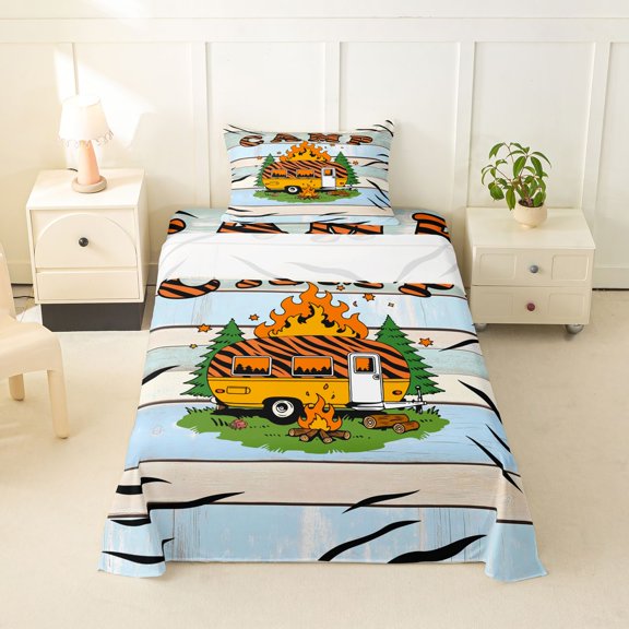 Manfei Tiger Print Camper Twin Sheets,Rustic Farmhouse Cabin Bedding,Orange Blue,3pcs,1 Fitted Sheet and 1 Pillowcase