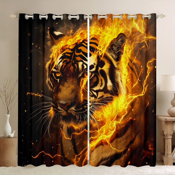Manfei Tiger Wild Animal Curtains Pack of 2 (42x84 Each),Abstract Lightning Curtains Blackout,Yellow Orange Bedroom Curtains For Boys Teens,Luxury Bedroom Decor