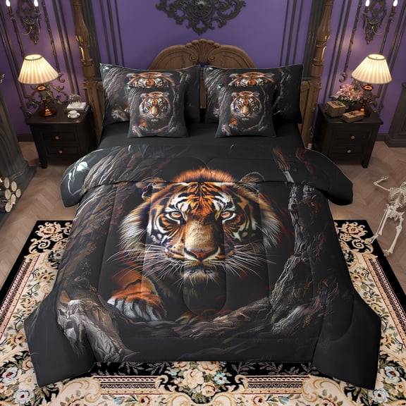 Manfei Tiger Woodland Animal 7pcs Bedding Comforter Set,Jungle Animal Queen Bedding Sets,Brown Black Queen Sheet Sets For Men Women, Breathable Home Decor Reversible