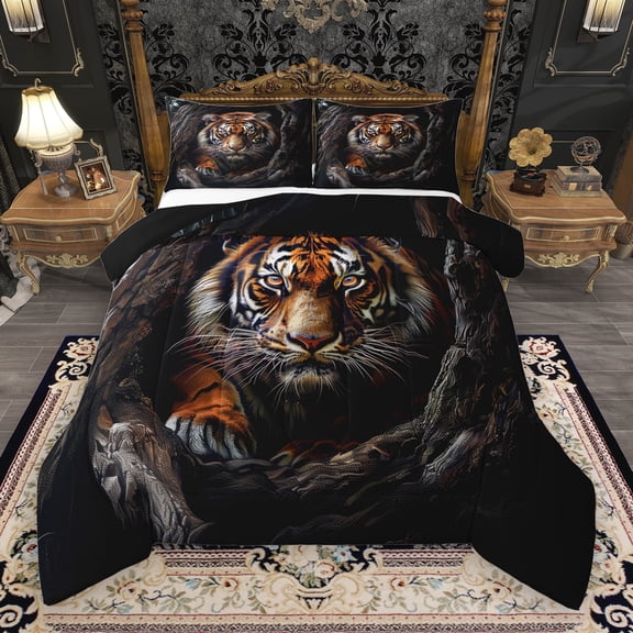 Manfei Tiger Woodland Animal Bedding Comforter Set,Jungle Animal Twin Comforter Sets,Brown Black Bedding Set For Men Women, Breathable Home Decor Reversible,2 Pieces