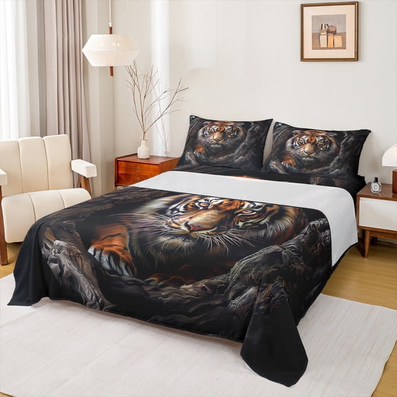 Manfei Tiger Woodland Animal Twin Sheet Sets,Jungle Animal Twin Fitted Sheet,Brown Black Flat Sheet For Men Women, Breathable Home Decor,3 Pieces