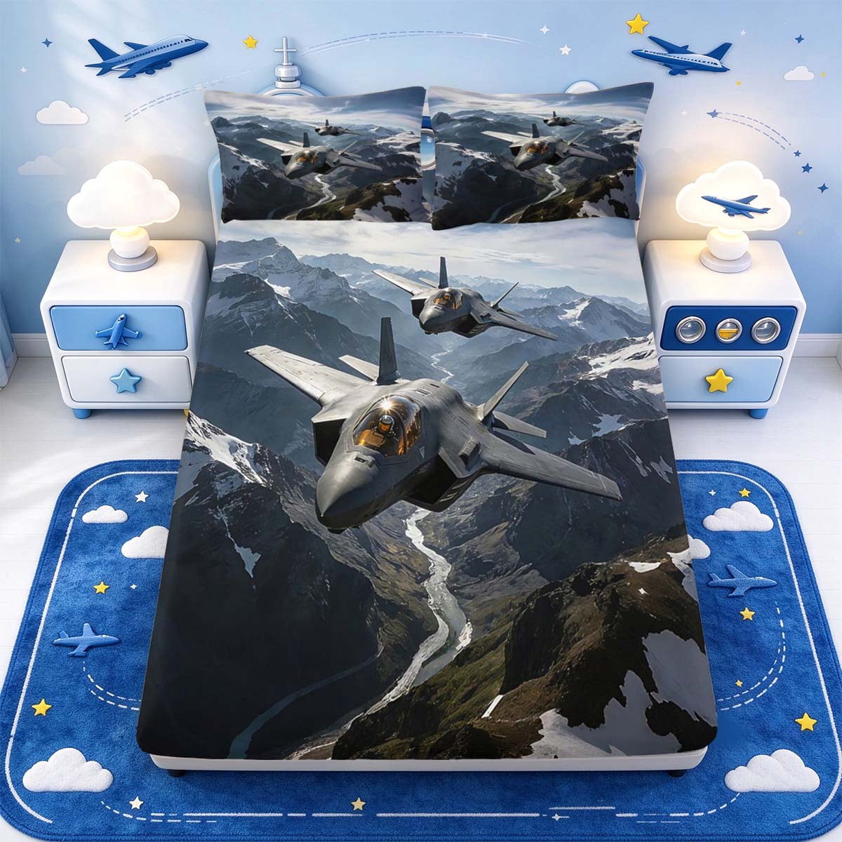 Pyjamas At Jet Manfei Timeless Fighter Jet Fitted Sheet Full,Alpine Scene Bed Set,3 ...