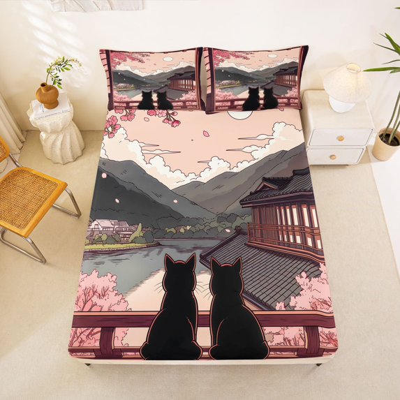 Manfei Tokyo Black Cat Fitted Sheet Queen, Japanese Scenery Bedding, Gray Pink, 3-Piece, 1 Fitted Sheet and 2 Pillowcases