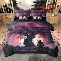 Manfei Tokyo Samurai Teens 7-Piece Twin Bedding Sets, Ancient Japanese Worrior Bedding Comforter Set, Pink Purple Cherry Blossoms Reversible Sheet Sets, Microfiber Bedroom Decor
