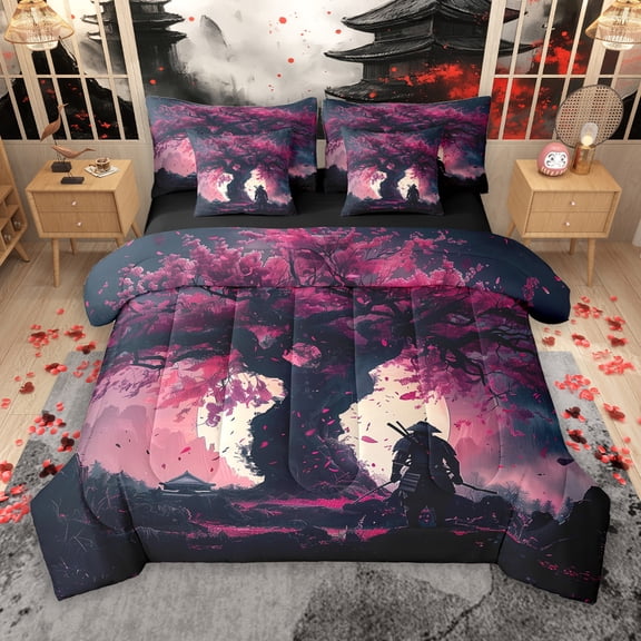 Manfei Tokyo Samurai Teens 7-Piece Twin Bedding Sets, Ancient Japanese Worrior Bedding Comforter Set, Pink Purple Cherry Blossoms Reversible Sheet Sets, Microfiber Bedroom Decor