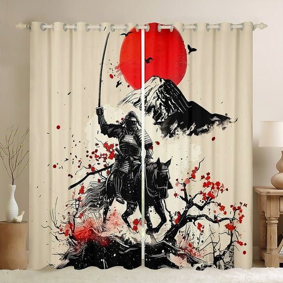 Manfei Tokyo Samurai Teens Blackout Curtains Set of 2 (52x84 Each), Ancient Worrior Window Curtains, Black Red Blossoms Flower Curtains and Drapes, Window Curtains Bedroom Decor
