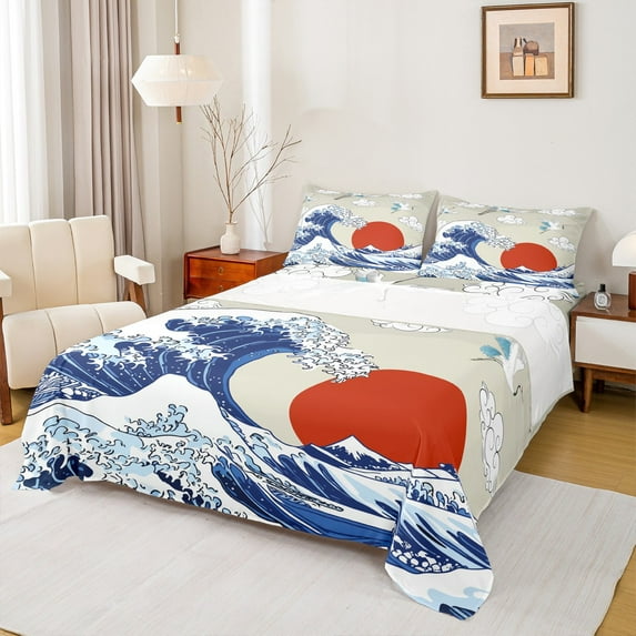 Manfei Tokyo Sea Waves Bed Sheets, Cartoon White Crane Animal King Sheets, Japanese Style Sun Sheet Set, Super Cozy Room Decor, 4-Piece