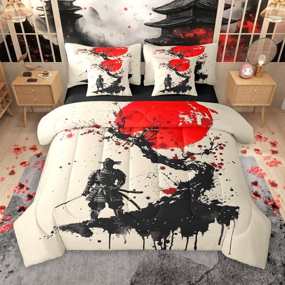 Manfei Tokyo Worrior 7-Piece Bedding Comforter Set for Boys, Japanese Samurai King Bedding Sets, Black Red Watercolor Ink Reversible Bed Sheets, Luxury Bedroom Decor