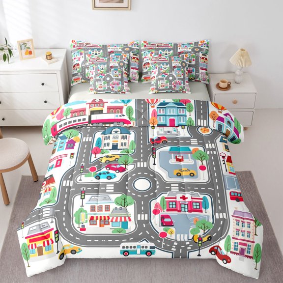Manfei Town Houses 7-Piece Twin Bedding,Toy Cars Print Bedding Comforter Set,Gray,Light Gray Reversible