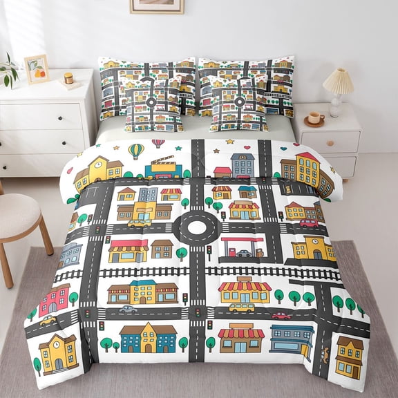Manfei Town Houses 7pcs Queen Bedding,City Roads Pattern Bedding Comforter Set Queen,Gray,Light Gray Reversible