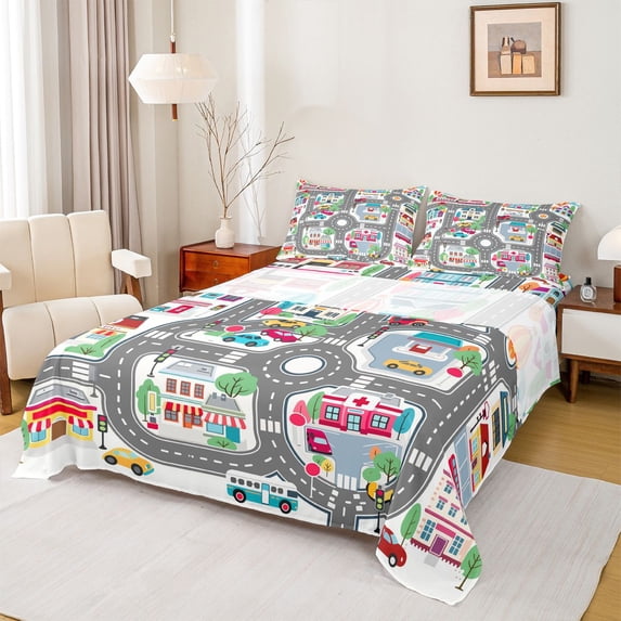 Manfei Town Houses Bed Sheets,Toy Cars Print Full Size Sheets,Gray,4-Piece,1 Flat Sheet, 1 Fitted Sheet and 2 Pillowcases