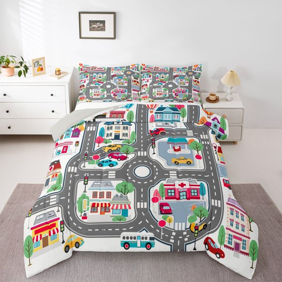 Manfei Town Houses Queen Comforter Set,Toy Cars Print Comforter Sets Queen,Gray,Light Gray Reversible,3 Pieces,1 Comforter and 2 Pillowcases