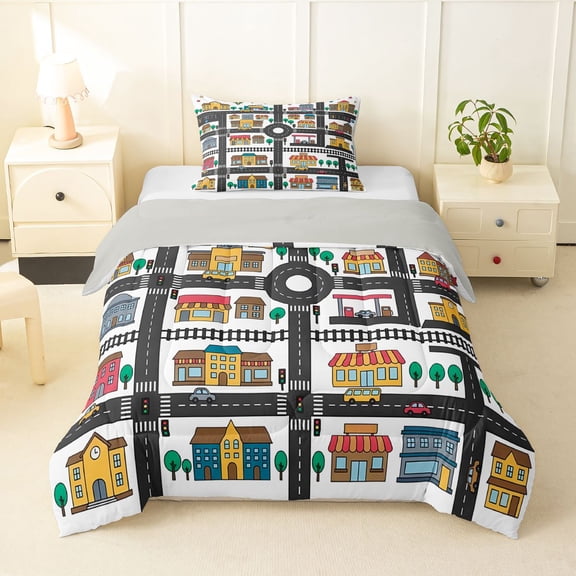 Manfei Town Houses Twin Comforter Sets,City Roads Pattern Bedding Set,Gray,Light Gray Reversible,2pcs,1 Comforter and 1 Pillowcase