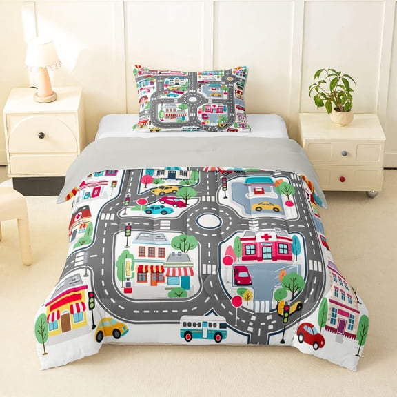 Manfei Town Houses Twin Comforter Sets,Toy Cars Print Bedding Set,Gray,Light Gray Reversible,2pcs,1 Comforter and 1 Pillowcase