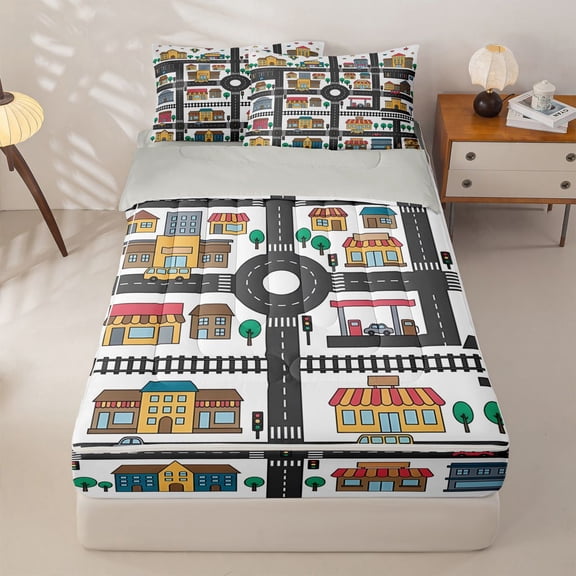 Manfei Town Houses Zipper Twin Comforter Sets with Fitted Sheet and 2 Pillowcases,City Roads Pattern Zipper Bedding Set,Gray,Light Gray Reversible,4pcs