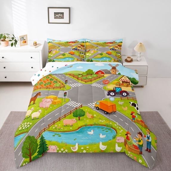 Manfei Toy Cars Full Size Comforter Sets,Cartoon Boys Art Bedding Comforter Set,Gray,Polkadot Reversible,3 Pieces,1 Comforter and 2 Pillowcases