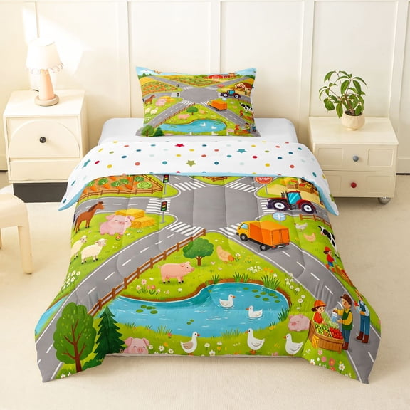 Manfei Toy Cars Twin Comforter Sets,Cartoon Boys Art Bedding Set,Gray,Polkadot Reversible,2-Piece,1 Comforter and 1 Pillowcase