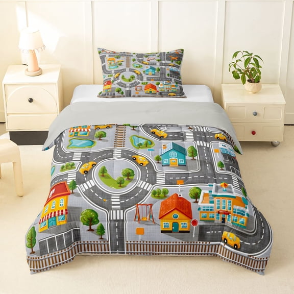 Manfei Toy Cars Twin Comforter Sets,Cartoon Houses Bedding Set,Gray,Light Gray Reversible,2pcs,1 Comforter and 1 Pillowcase
