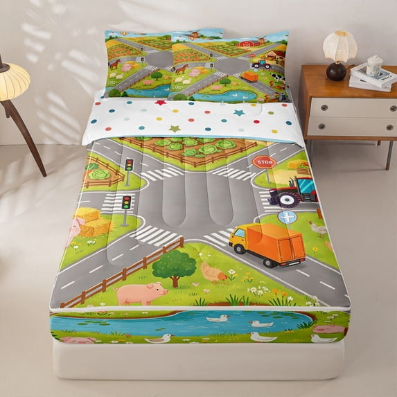 Manfei Toy Cars Zipper Twin Comforter Sets with Fitted Sheet and 2 Pillowcases,Cartoon Boys Art Zipper Bedding Set,Gray,Polkadot Reversible,4pcs