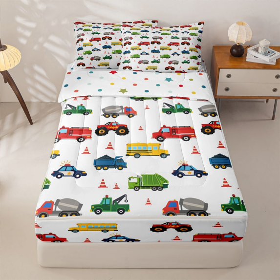 Manfei Toy Cars Zipper Twin Comforter Sets with Fitted Sheet and 2 Pillowcases,Cartoon Theme Print Zipper Bedding Set,White,Polkadot Reversible,4pcs