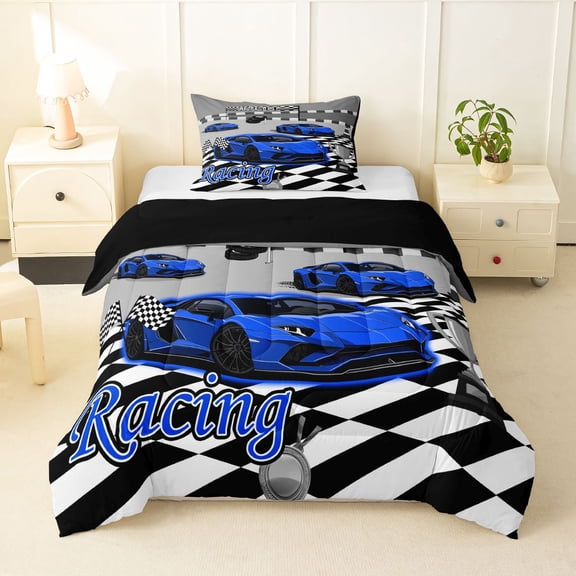 Manfei Toy Racing Cars Twin Comforter Sets,Checkerboard Flag Bedding Set,Blue,Black Reversible,2pcs,1 Comforter and 1 Pillowcase