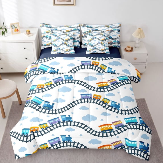 Manfei Toy Train 7-Piece Twin Bedding,Blue Railroads Tracks Bedding Comforter Set,Navy Blue Reversible