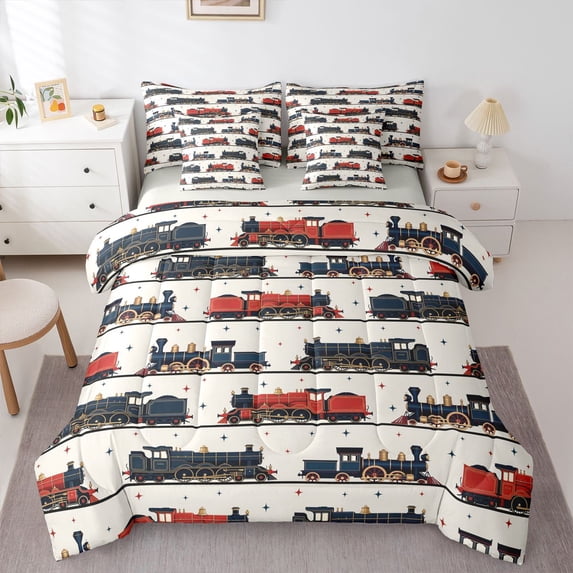 Manfei Toy Train 7pcs Queen Bedding,Cartoon Boys Art Bedding Comforter Set Queen,Red Blue,Light Gray Reversible