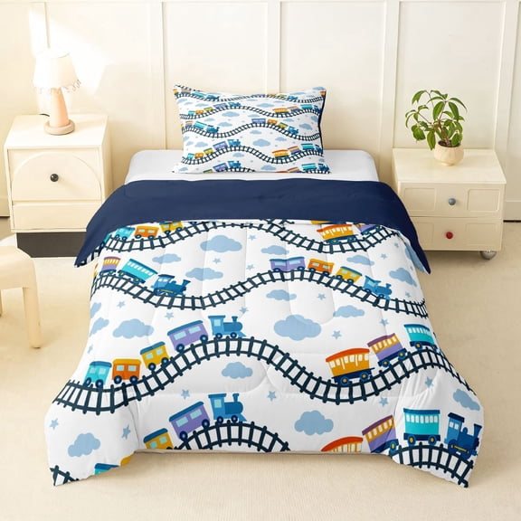 Manfei Toy Train Twin Comforter Sets,Blue Railroads Tracks Bedding Set,Navy Blue Reversible,2pcs,1 Comforter and 1 Pillowcase