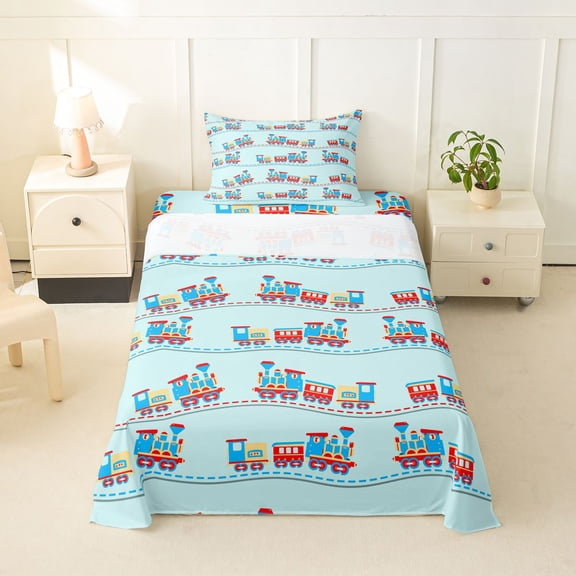 Manfei Toy Train Twin Sheets,Cartoon Boys Art Bedding,Blue,3pcs,1 Fitted Sheet and 1 Pillowcase