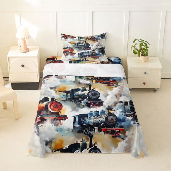 Manfei Toy Train Twin Sheets,Multicolor Smoke Pattern Bedding,3pcs,1 Fitted Sheet and 1 Pillowcase