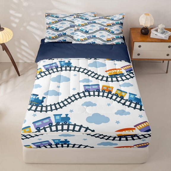 Manfei Toy Train Zipper Twin Comforter Sets with Fitted Sheet and 2 Pillowcases,Blue Railroads Tracks Zipper Bedding Set,Navy Blue Reversible,4pcs